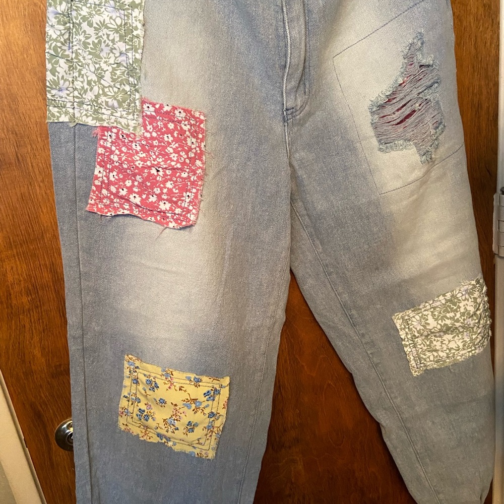POL Blue and Red Boyfriend Jeans with Distressed Patchwork